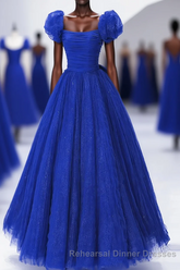 Royal Blue Scoop Tulle Short Sleeves Long Semi Formal Prom Dress, Royal Blue A-Line Party Dress